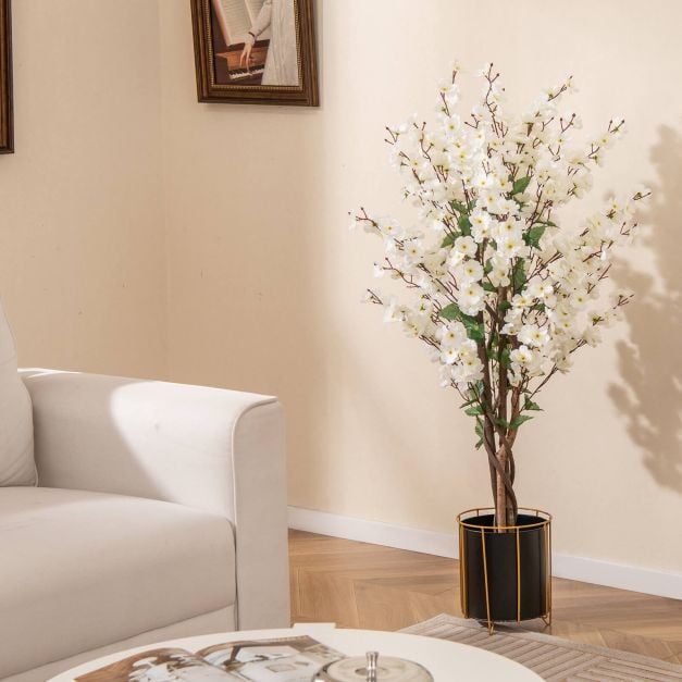 Faux Plum Blossom Plant with White Fabric Flower and Solid Wood Trunk-White