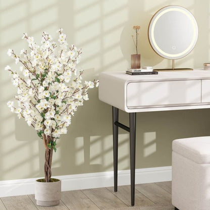 Faux Plum Blossom Plant with White Fabric Flower and Solid Wood Trunk-White