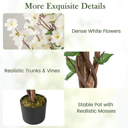 Faux Plum Blossom Plant with White Fabric Flower and Solid Wood Trunk-White