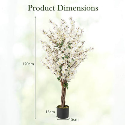 Faux Plum Blossom Plant with White Fabric Flower and Solid Wood Trunk-White