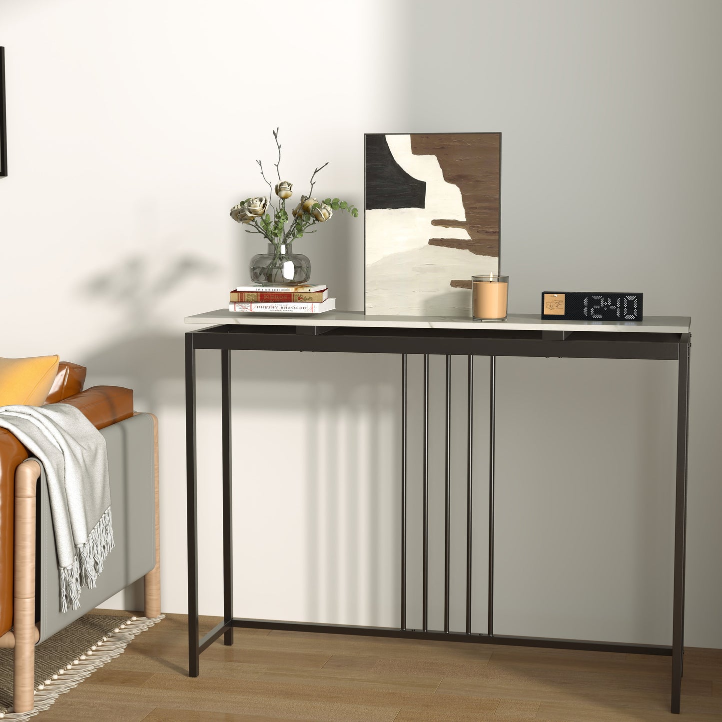 120cm Console Table Narrow Entryway Table with Faux Marble Tabletop-White