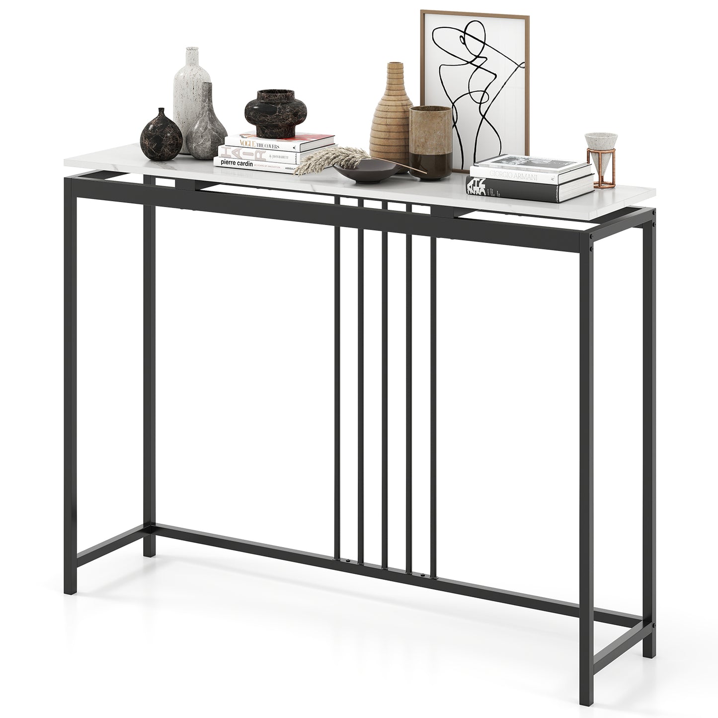 120cm Console Table Narrow Entryway Table with Faux Marble Tabletop-White