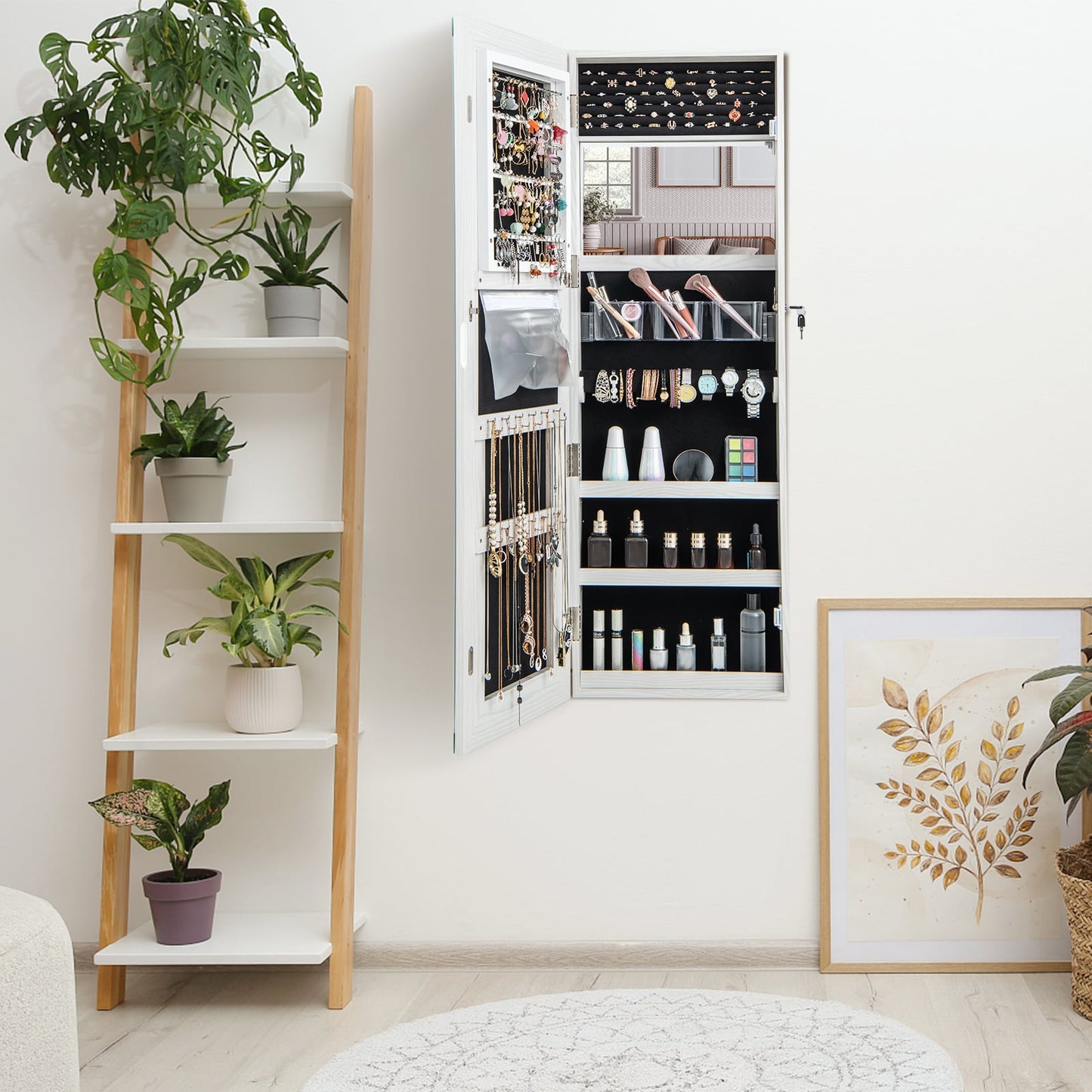 120cm LED Mirror Jewelry Cabinet with 3-Color Lights and Lockable Magnetic Door-White