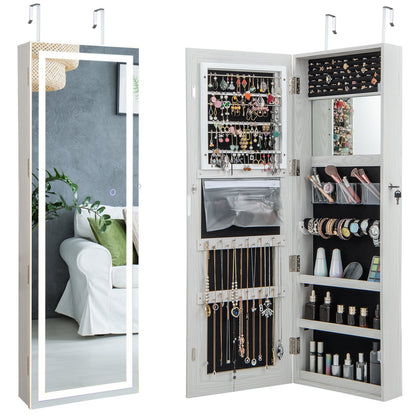 120cm LED Mirror Jewelry Cabinet with 3-Color Lights and Lockable Magnetic Door-White
