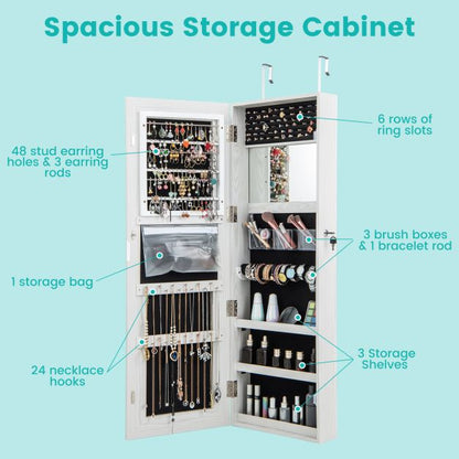 120cm LED Mirror Jewelry Cabinet with 3-Color Lights and Lockable Magnetic Door-White