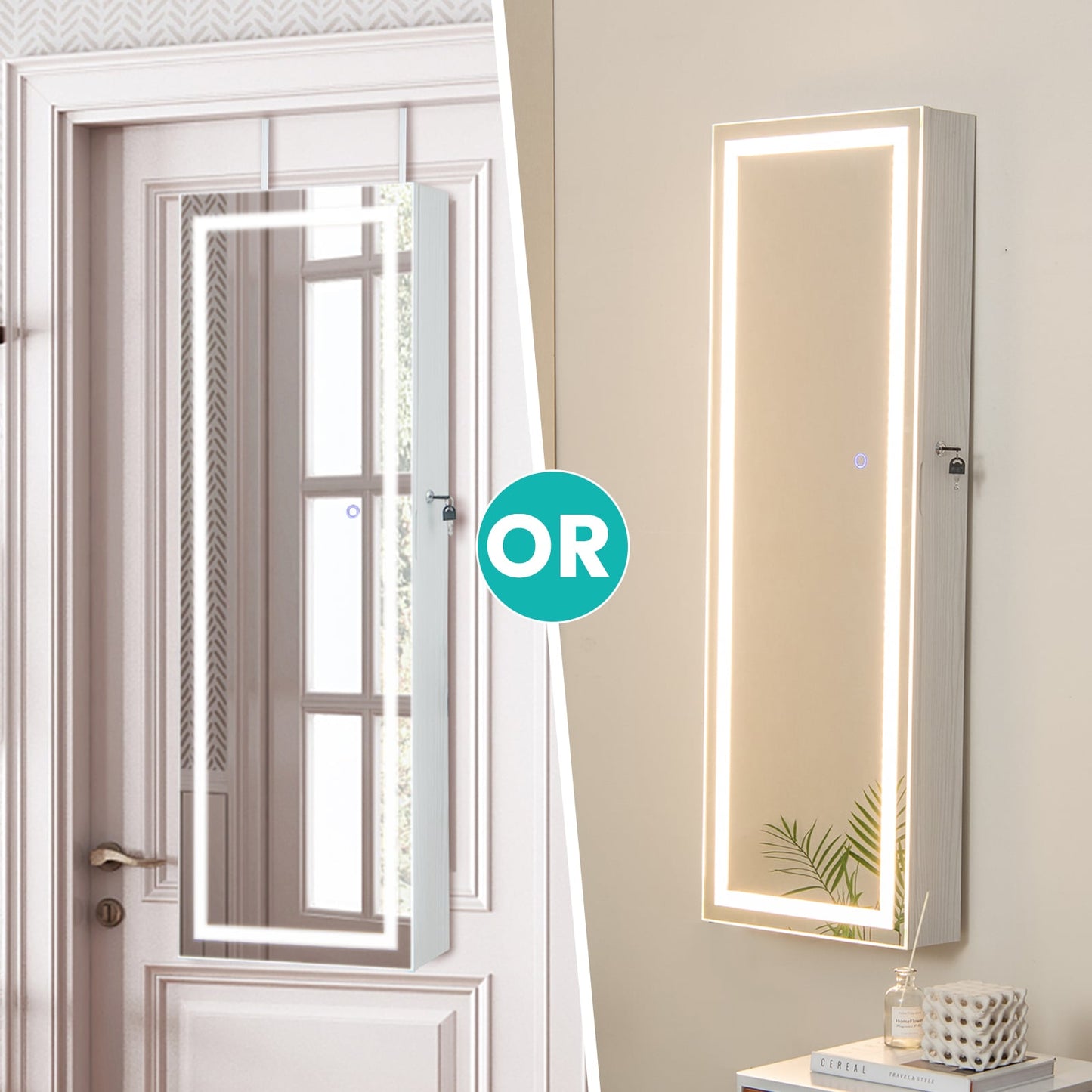 120cm LED Mirror Jewelry Cabinet with 3-Color Lights and Lockable Magnetic Door-White