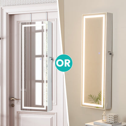 120cm LED Mirror Jewelry Cabinet with 3-Color Lights and Lockable Magnetic Door-White