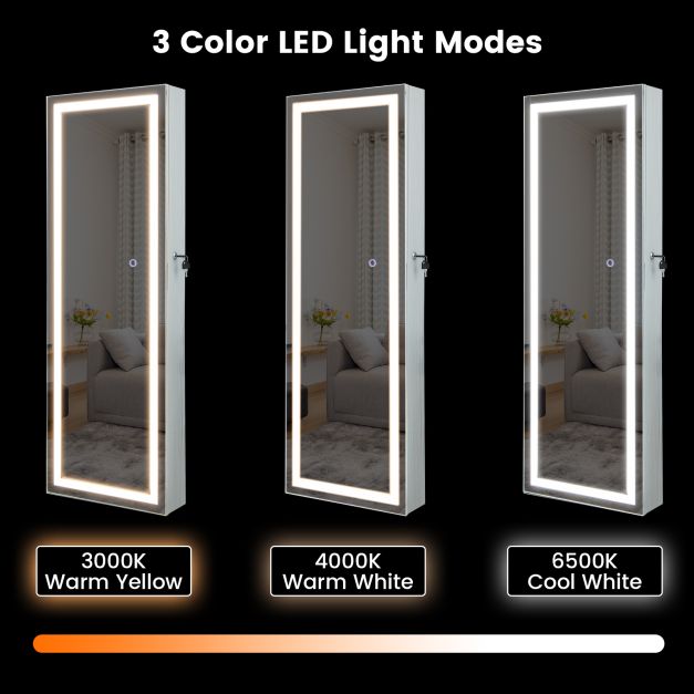120cm LED Mirror Jewelry Cabinet with 3-Color Lights and Lockable Magnetic Door-White