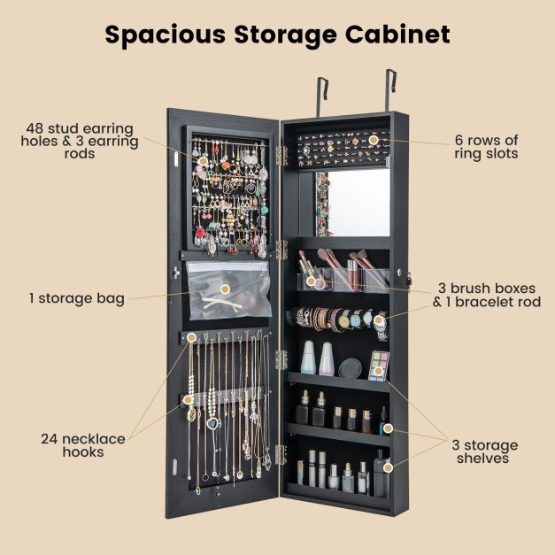 120cm LED Mirror Jewelry Cabinet with 3-Color Lights and Lockable Magnetic Door-Black