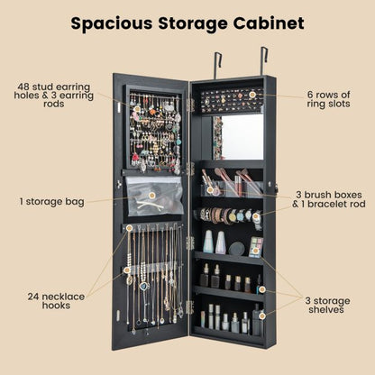 120cm LED Mirror Jewelry Cabinet with 3-Color Lights and Lockable Magnetic Door-Black