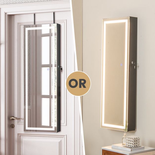 120cm LED Mirror Jewelry Cabinet with 3-Color Lights and Lockable Magnetic Door-Black