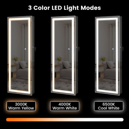 120cm LED Mirror Jewelry Cabinet with 3-Color Lights and Lockable Magnetic Door-Black