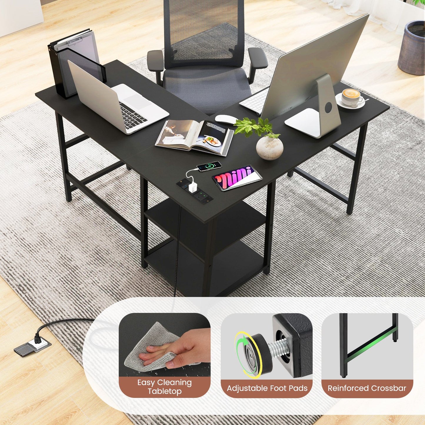 120cm L-Shaped Computer Desk Corner Study Writing Desk with Outlets-Black