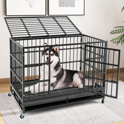 96/120cm Metal Dog Cage Foldable with Double Door and Wheels-L