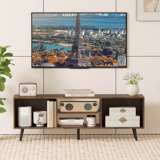 120cm Mid Century Modern TV Stand with Shelves and 5 Metal Legs-Rustic Brown