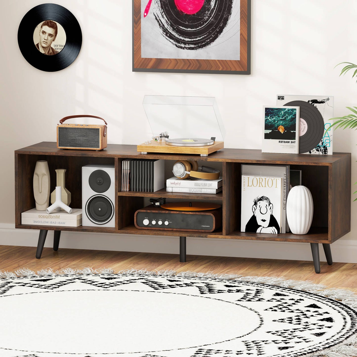 120cm Mid Century Modern TV Stand with Shelves and 5 Metal Legs-Rustic Brown