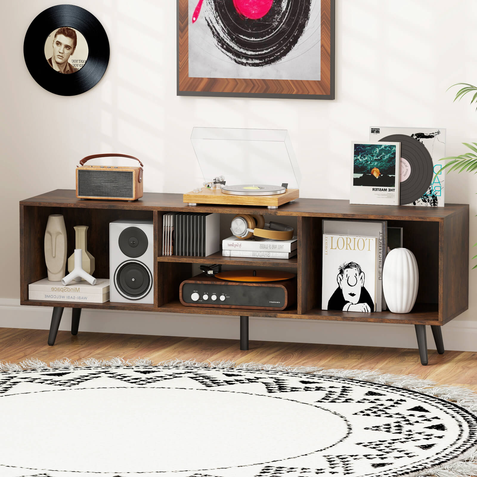 120cm Mid Century Modern TV Stand with Shelves and 5 Metal Legs-Rustic Brown