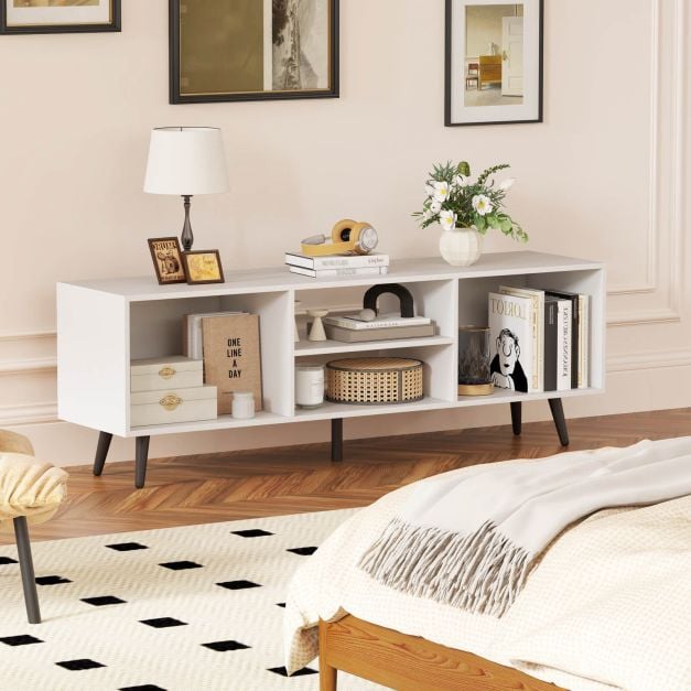 120cm Mid Century Modern TV Stand with Shelves and 5 Metal Legs-White