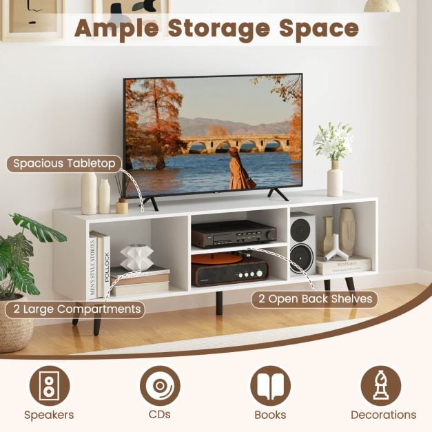 120cm Mid Century Modern TV Stand with Shelves and 5 Metal Legs-White