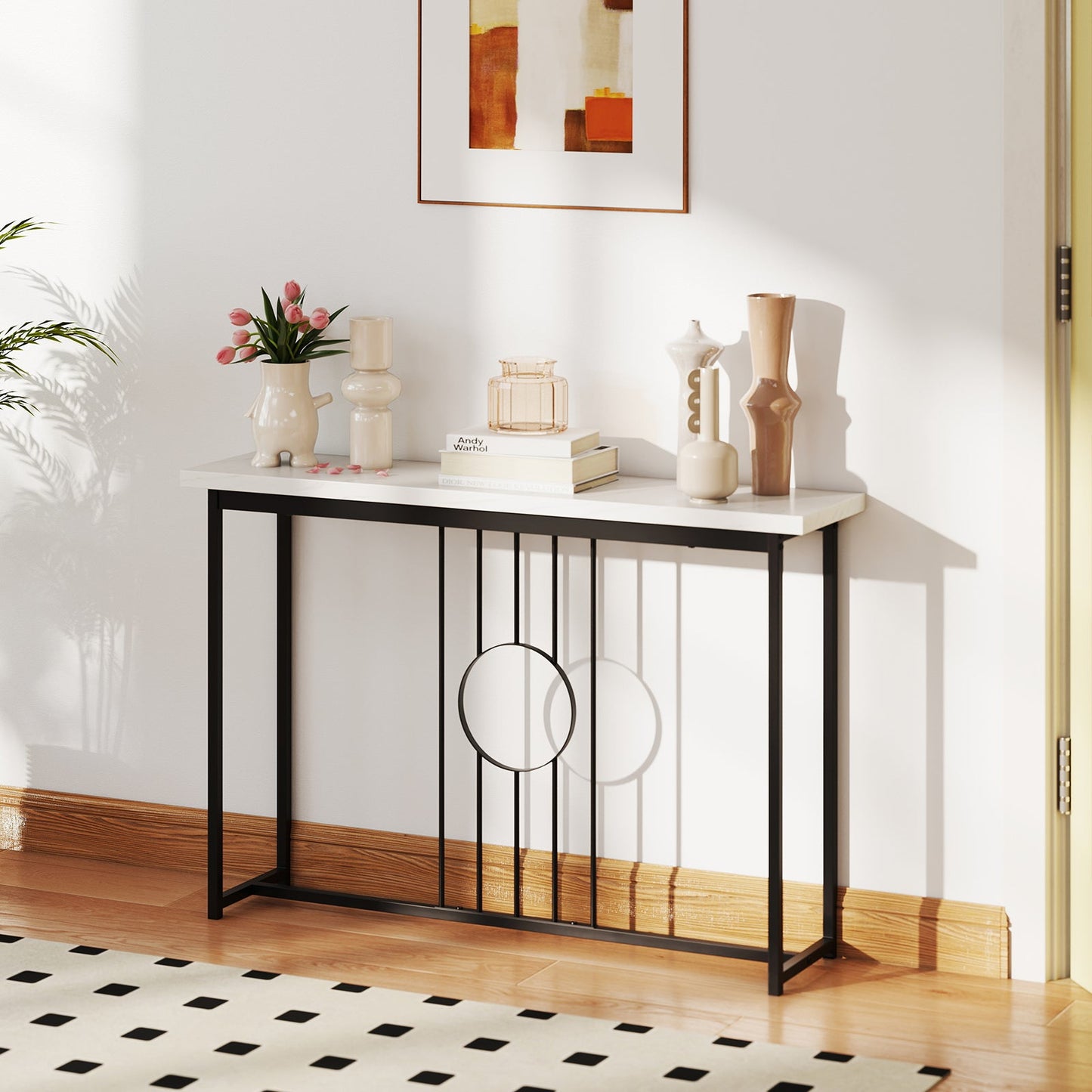 120cm Modern Faux Marble Top Console Table with Heavy-duty Metal Frame-Black