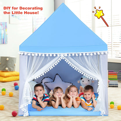 Kids Play Tent Wood Frame Large Playhouse Tents with Mat-Blue