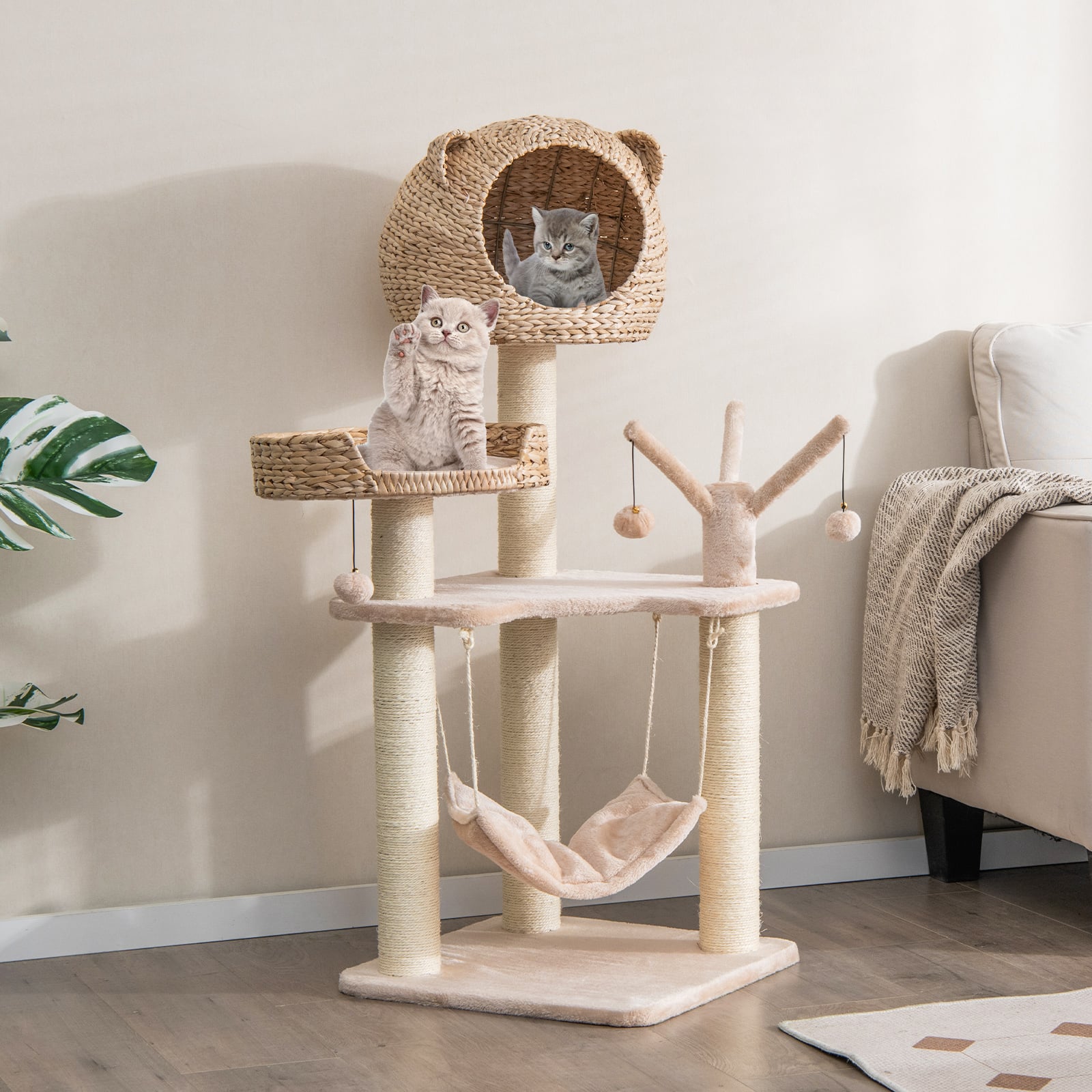 121 CM Tall Cat Tree Tower with Cattail Fluff Cat Condo-Natural