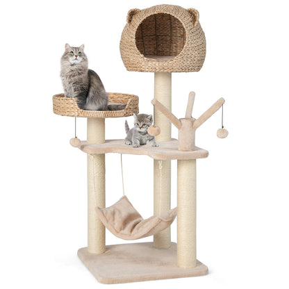 121 CM Tall Cat Tree Tower with Cattail Fluff Cat Condo-Natural
