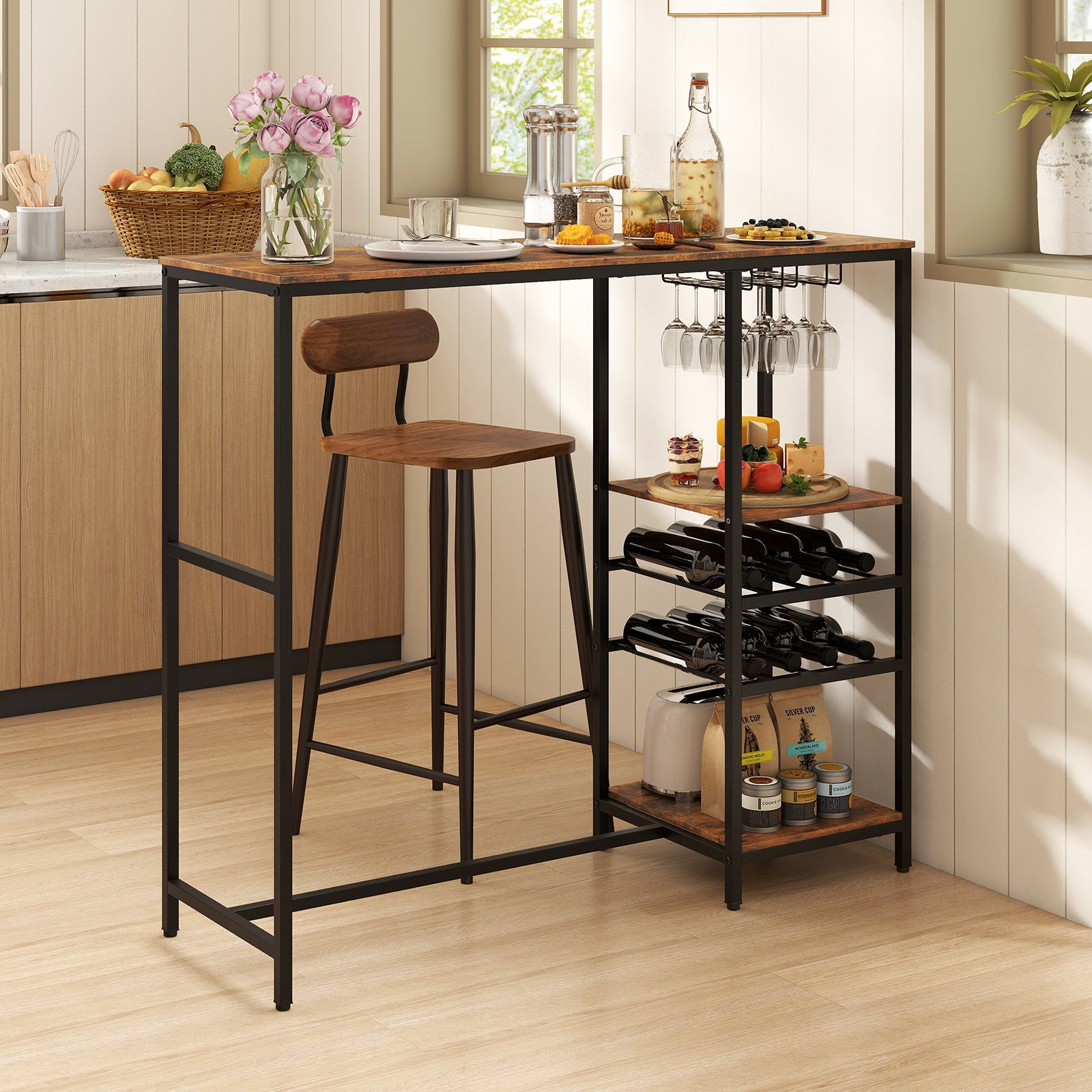 121cm Long Bar Table Bar Height Dining Table with Storage Shelves-Rustic Brown