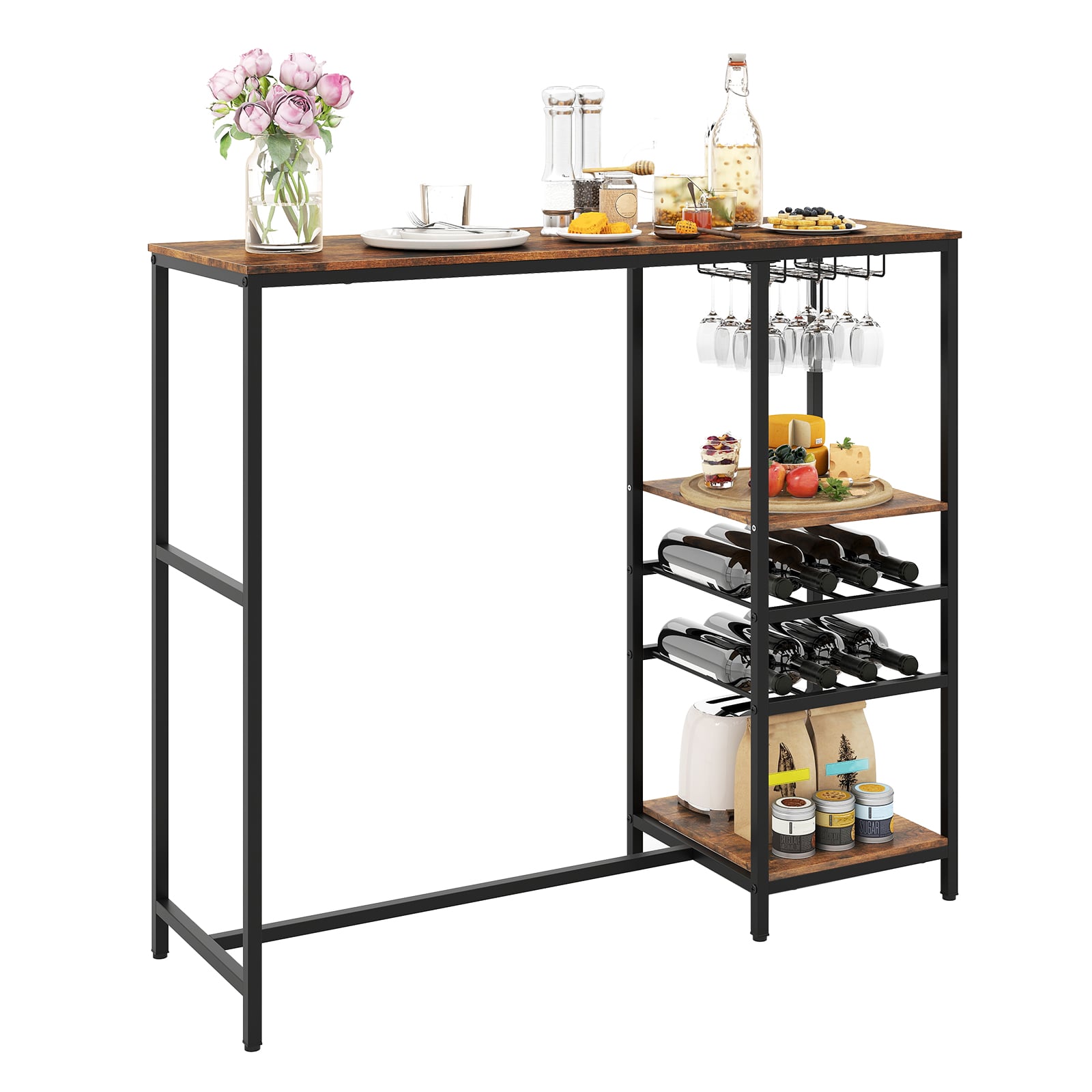 121cm Long Bar Table Bar Height Dining Table with Storage Shelves-Rustic Brown