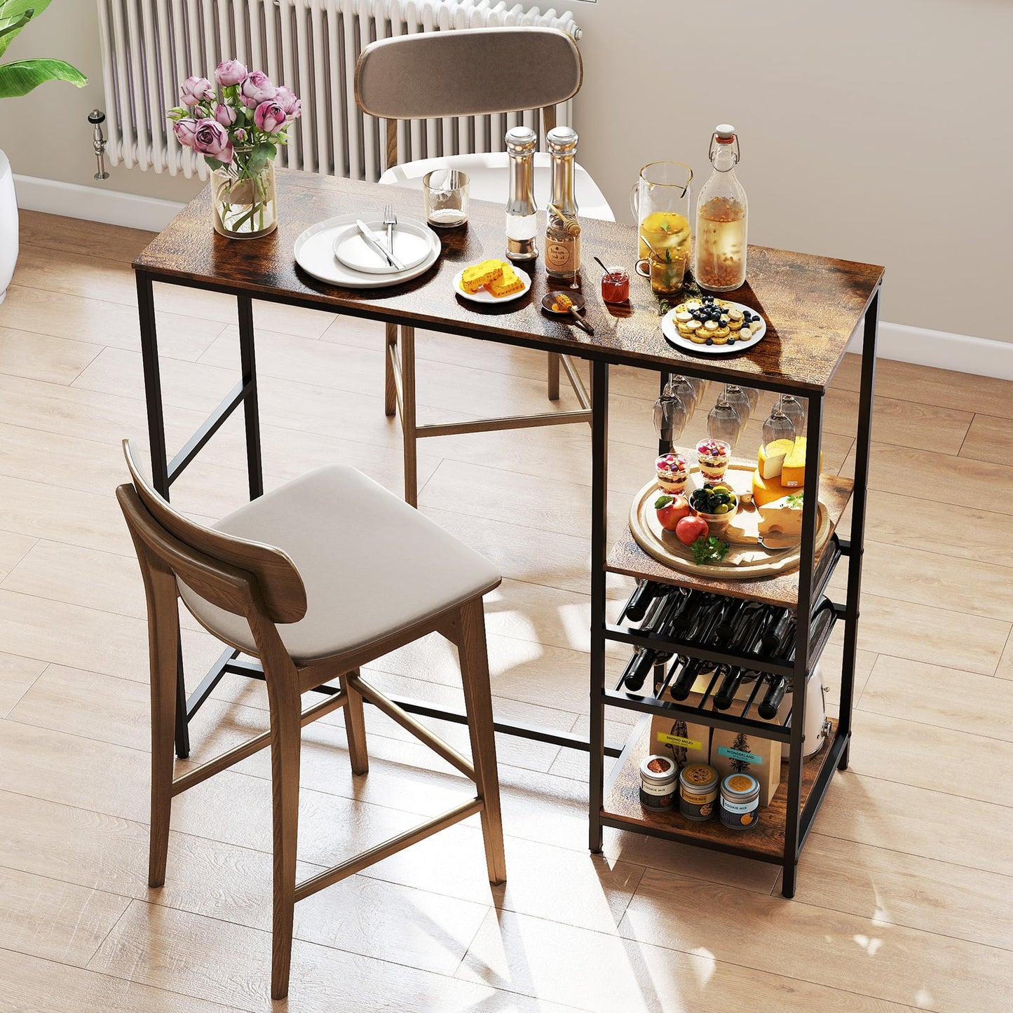 121cm Long Bar Table Bar Height Dining Table with Storage Shelves-Rustic Brown