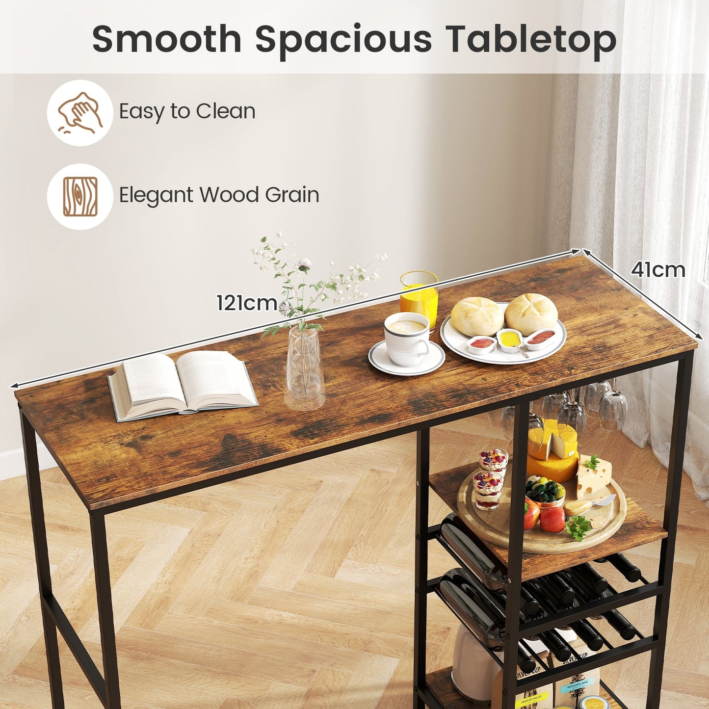 121cm Long Bar Table Bar Height Dining Table with Storage Shelves-Rustic Brown