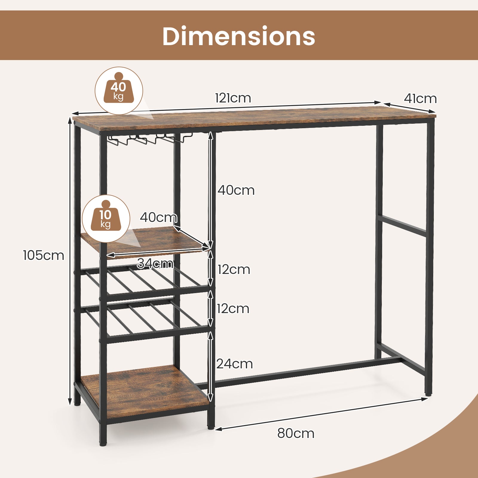 121cm Long Bar Table Bar Height Dining Table with Storage Shelves-Rustic Brown
