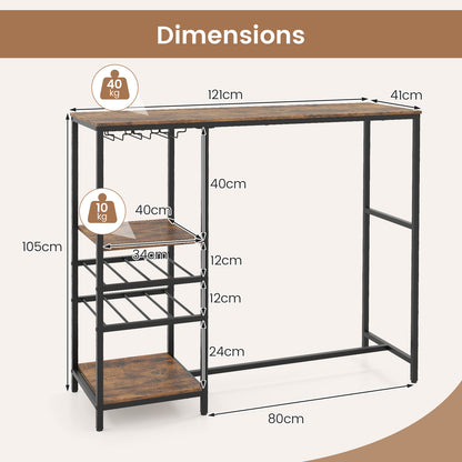 121cm Long Bar Table Bar Height Dining Table with Storage Shelves-Rustic Brown