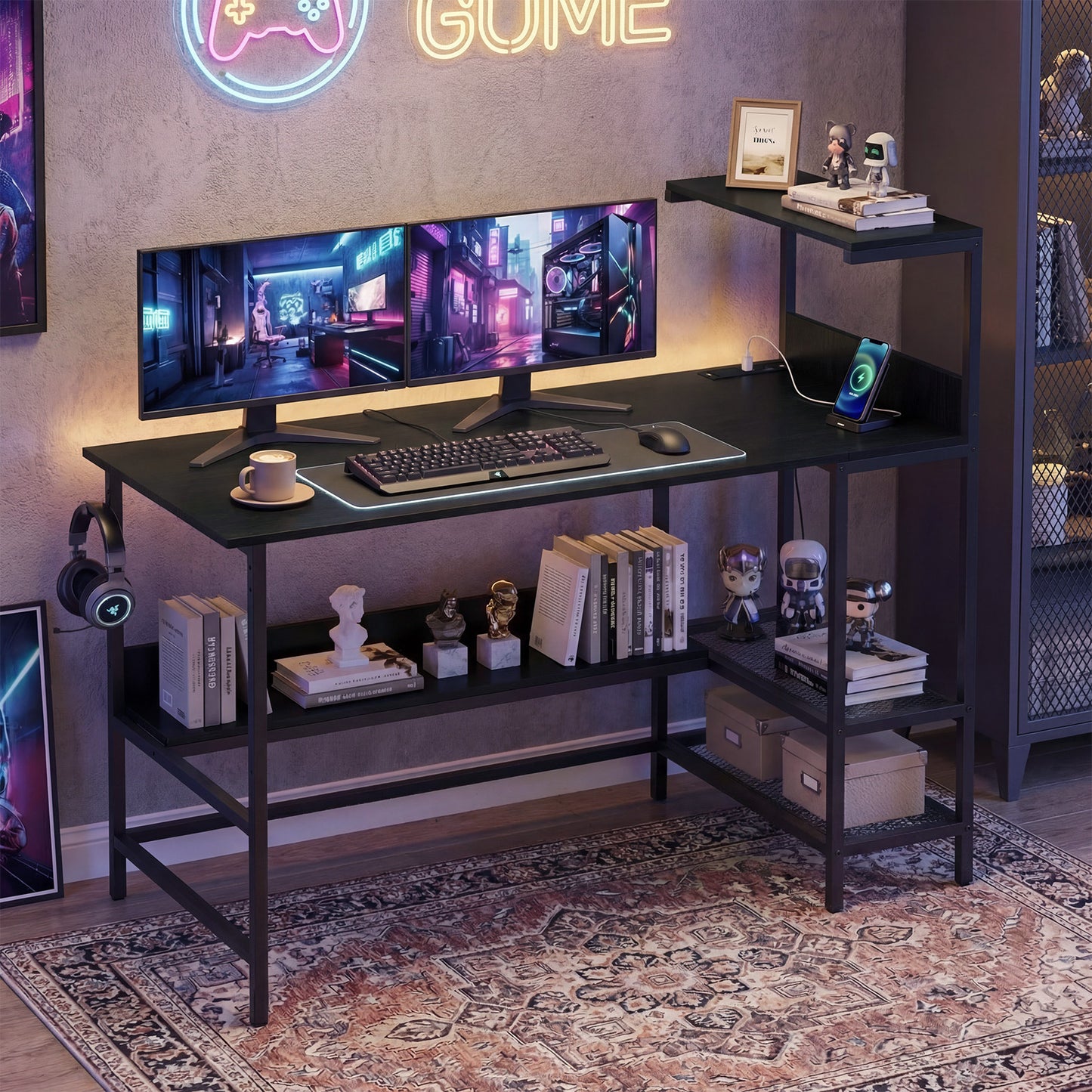 122.5 CM Computer Desk with Power Outlets & Storage Shelves and Headphone Hook for Working-Black