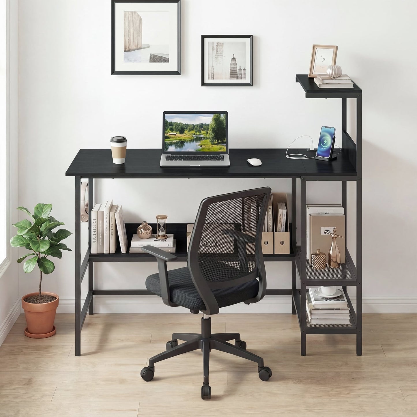 122.5 CM Computer Desk with Power Outlets & Storage Shelves and Headphone Hook for Working-Black