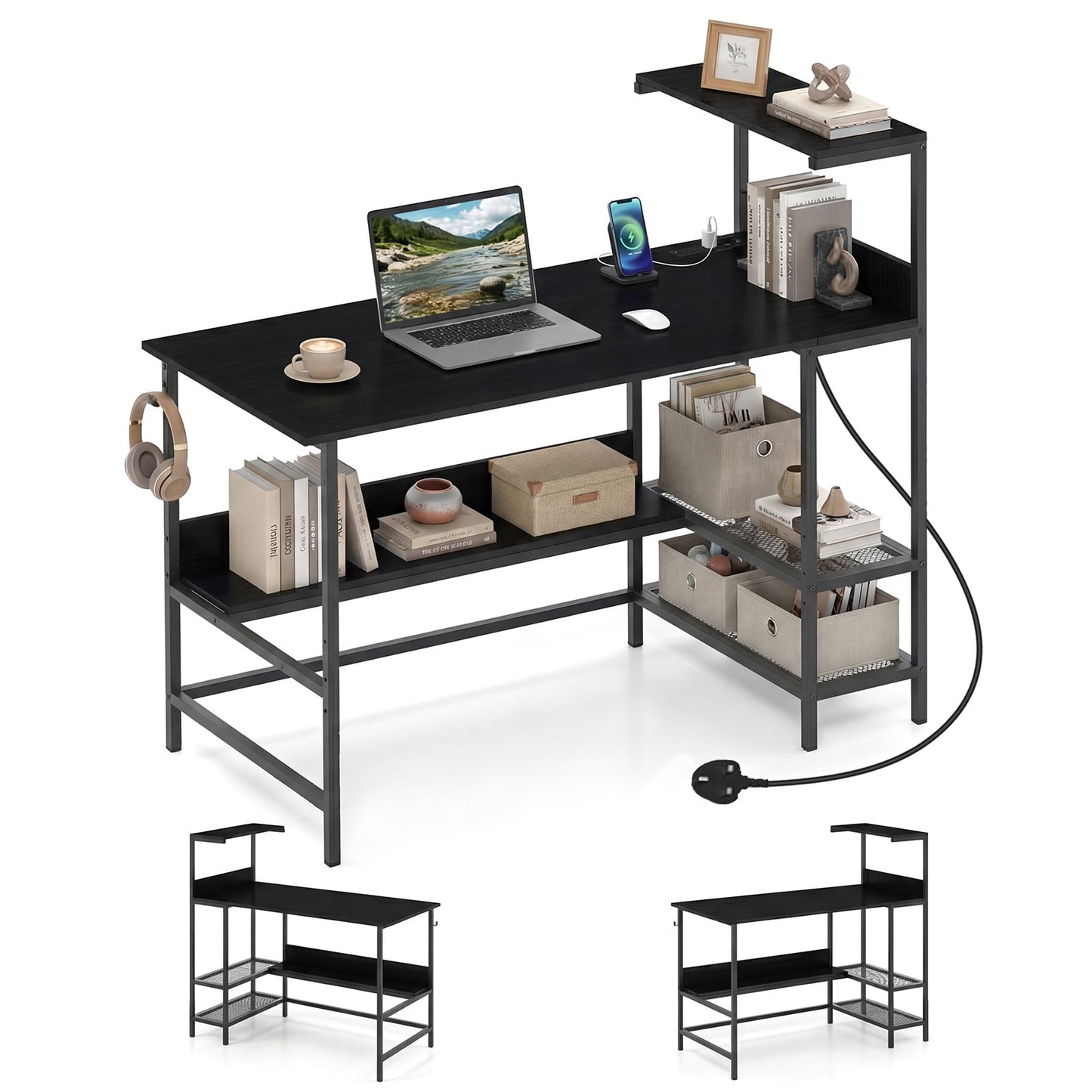 122.5 CM Computer Desk with Power Outlets & Storage Shelves and Headphone Hook for Working-Black
