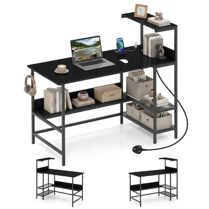 122.5 CM Computer Desk with Power Outlets & Storage Shelves and Headphone Hook for Working-Black
