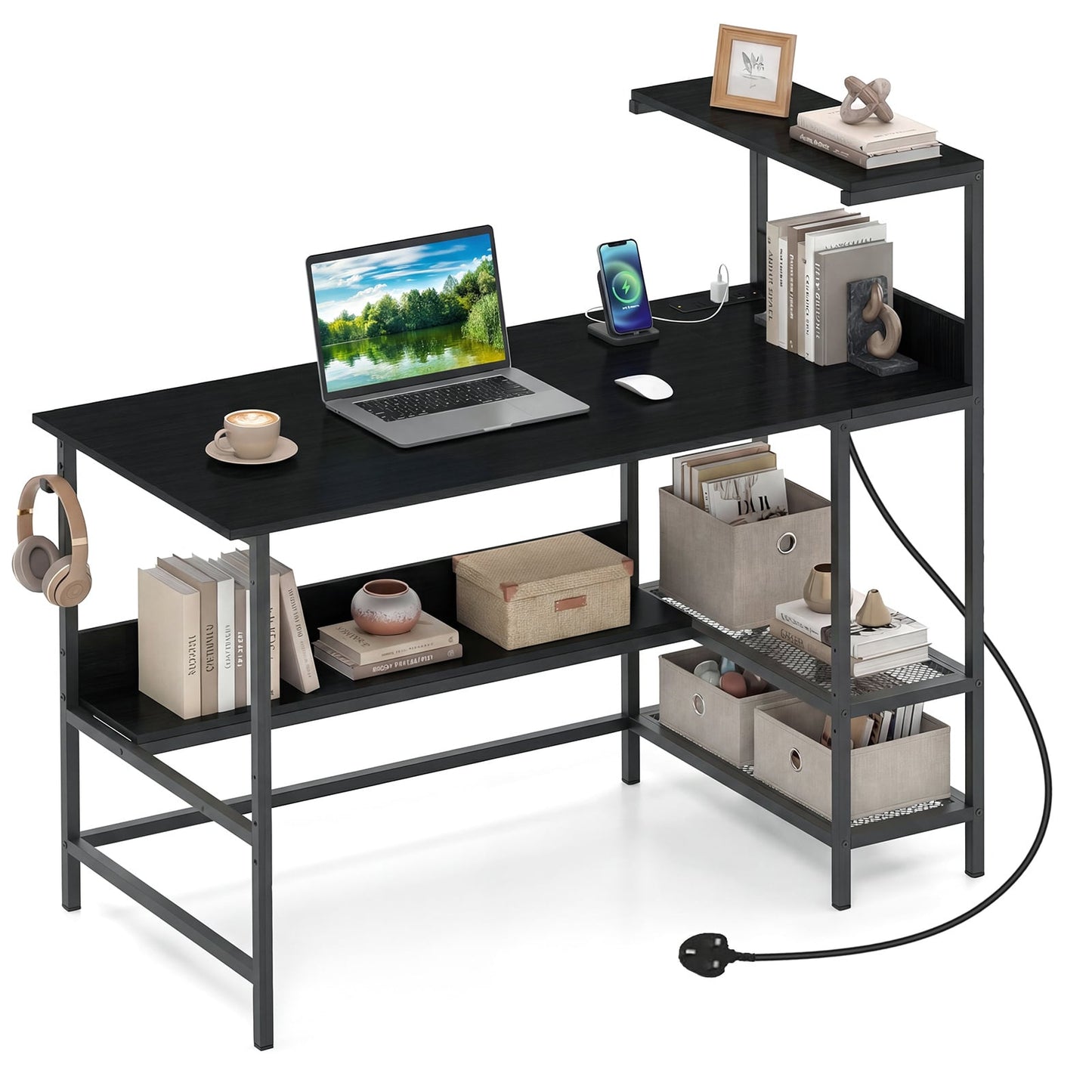 122.5 CM Computer Desk with Power Outlets & Storage Shelves and Headphone Hook for Working-Black