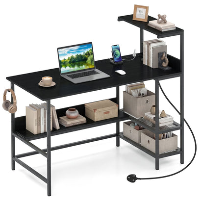 122.5 CM Computer Desk with Power Outlets & Storage Shelves and Headphone Hook for Working-Black