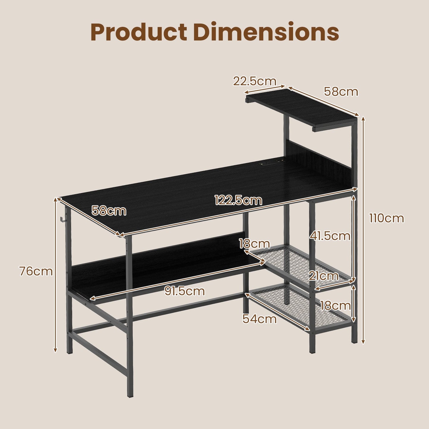 122.5 CM Computer Desk with Power Outlets & Storage Shelves and Headphone Hook for Working-Black