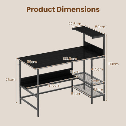122.5 CM Computer Desk with Power Outlets & Storage Shelves and Headphone Hook for Working-Black