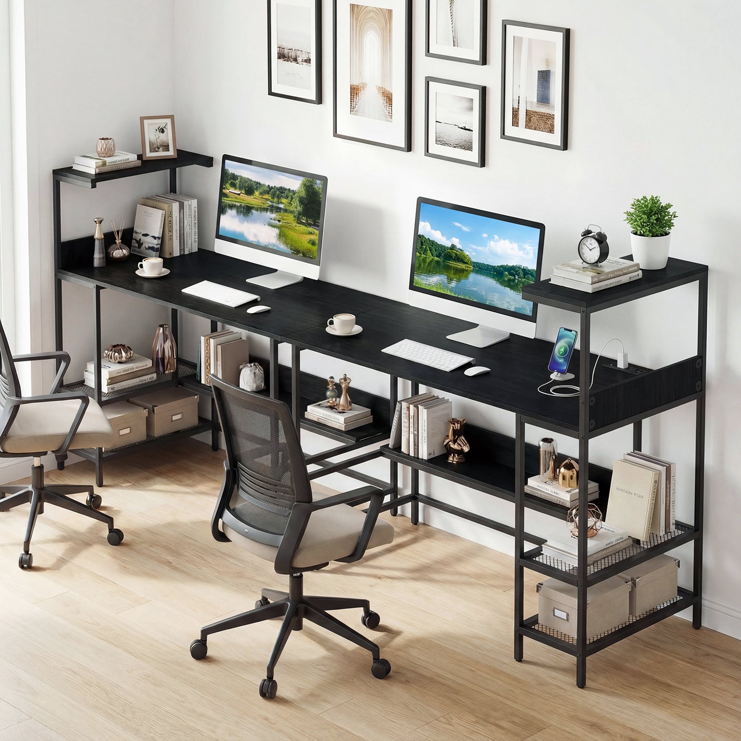 122.5 CM Computer Desk with Power Outlets & Storage Shelves and Headphone Hook for Working-Black