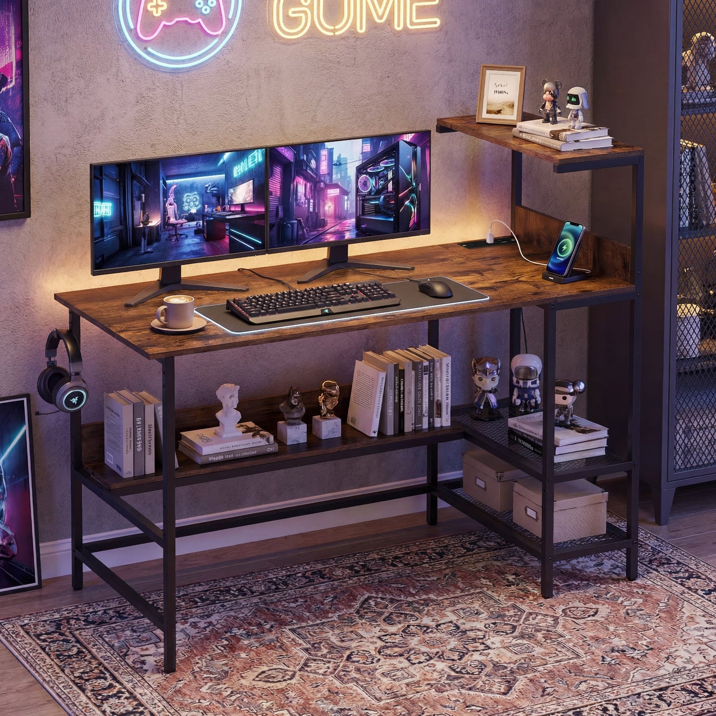 122.5 CM Computer Desk with Power Outlets & Storage Shelves and Headphone Hook for Working-Rustic Brown