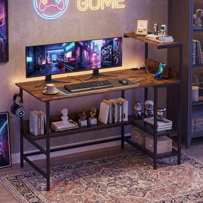 122.5 CM Computer Desk with Power Outlets & Storage Shelves and Headphone Hook for Working-Rustic Brown
