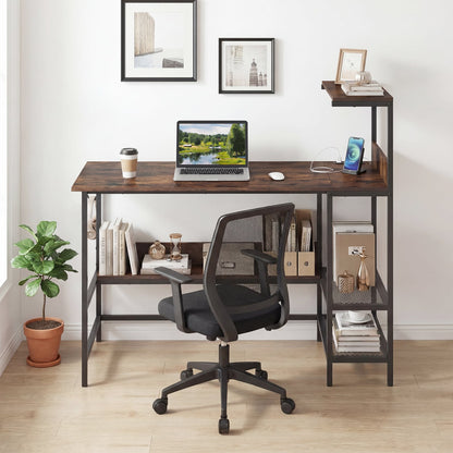 122.5 CM Computer Desk with Power Outlets & Storage Shelves and Headphone Hook for Working-Rustic Brown