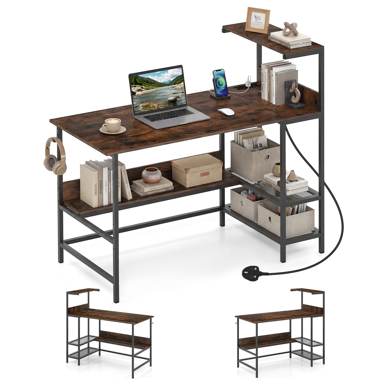 122.5 CM Computer Desk with Power Outlets & Storage Shelves and Headphone Hook for Working-Rustic Brown