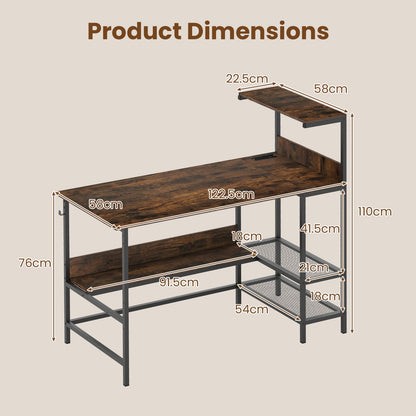 122.5 CM Computer Desk with Power Outlets & Storage Shelves and Headphone Hook for Working-Rustic Brown