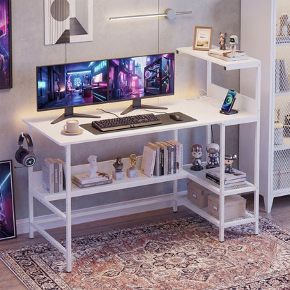 122.5 CM Computer Desk with Power Outlets & Storage Shelves and Headphone Hook for Working-White
