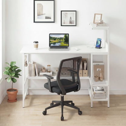 122.5 CM Computer Desk with Power Outlets & Storage Shelves and Headphone Hook for Working-White