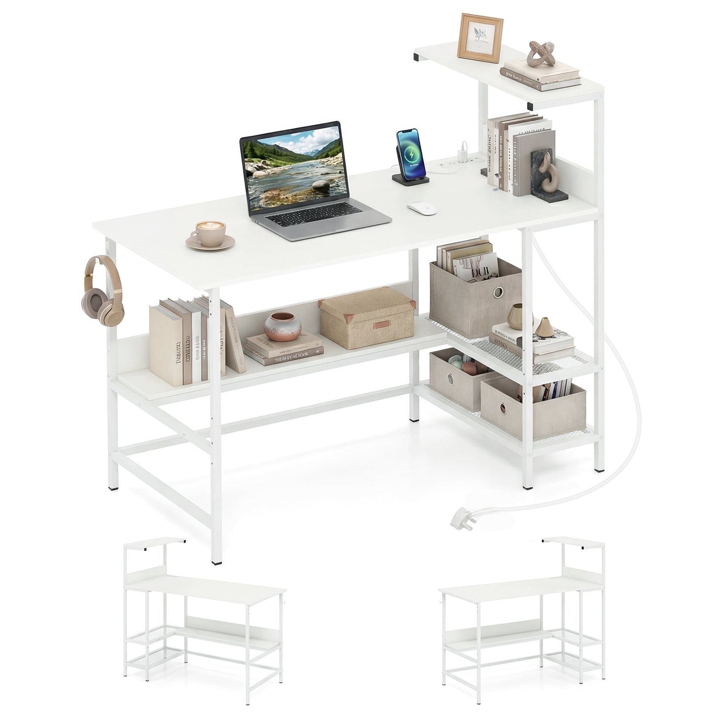 122.5 CM Computer Desk with Power Outlets & Storage Shelves and Headphone Hook for Working-White